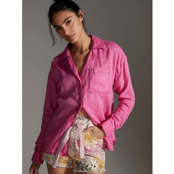 Anthropologie Maeve Pink Linen Button Down Oversized Shirt - Picture 1 of 13